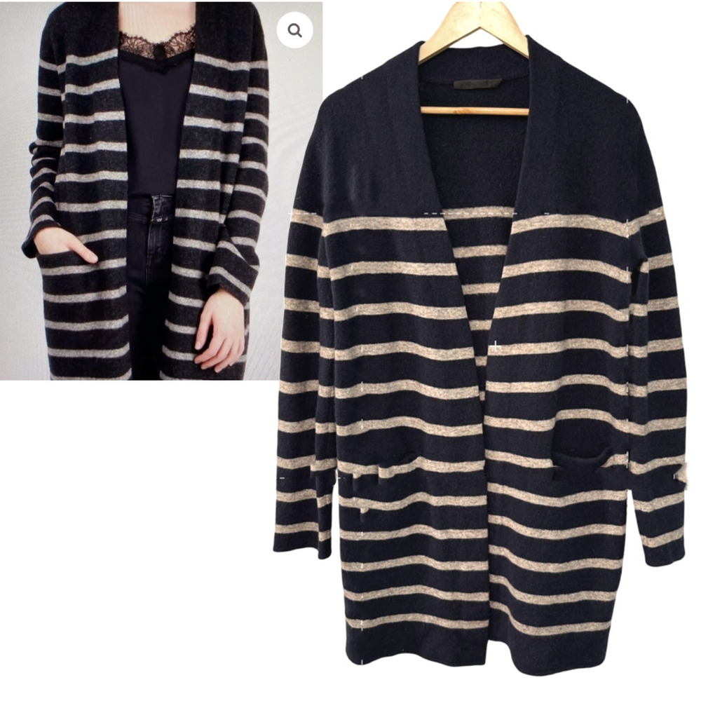 Jenni Kayne XS Striped Long Cardigan Sweater Coat Navy Blue Jacket Wool Yak